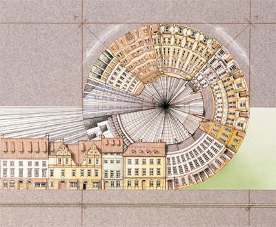 Stephen Conlin: Spiral (an image that starts with façades of old Dresden - SC), 1988, ink, watercolour and stock paper, 20 x 16 cm; courtesy the artist